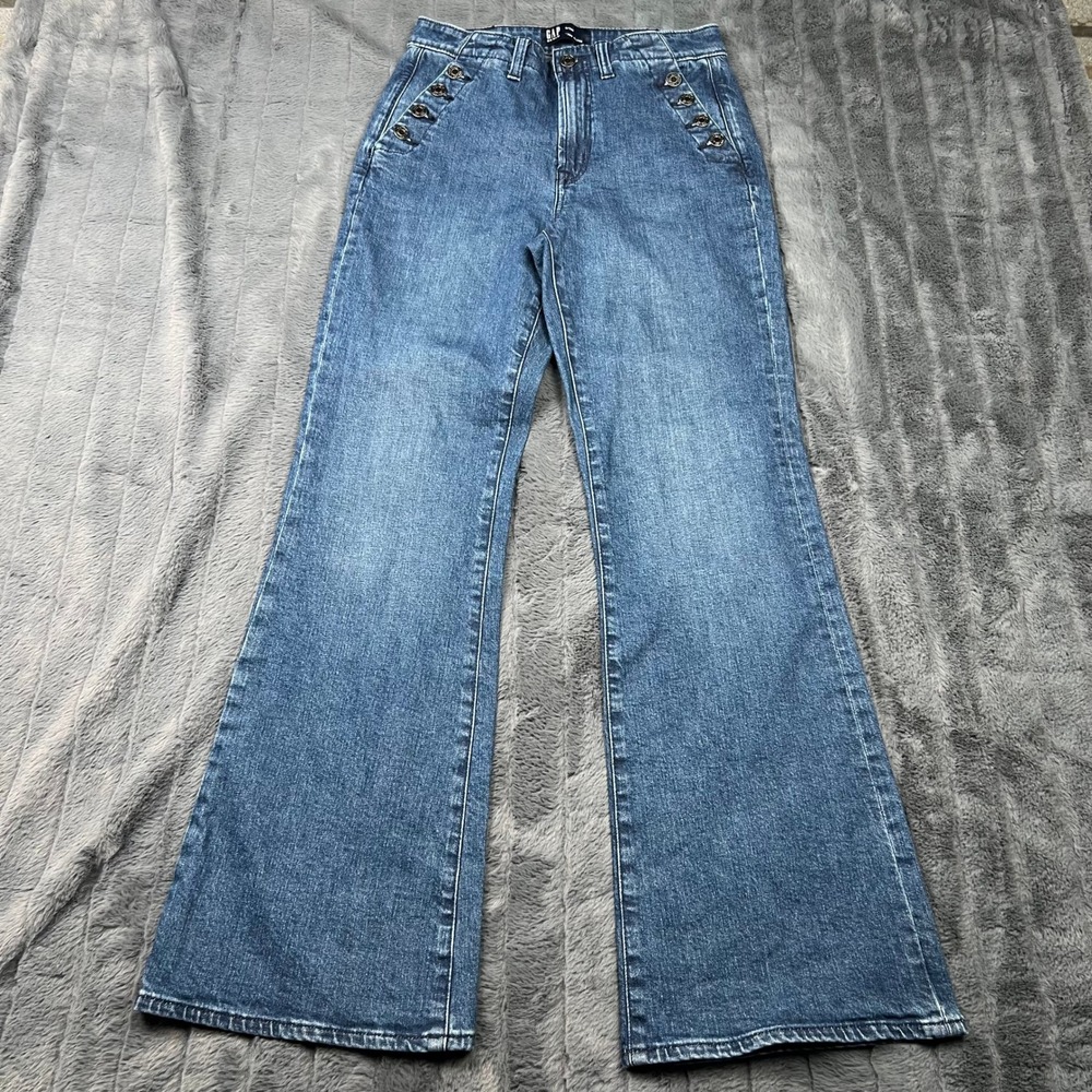 Gap Denim 70s Flare Jeans Blue Sailor Button High Rise Stretch Womens 6/28R